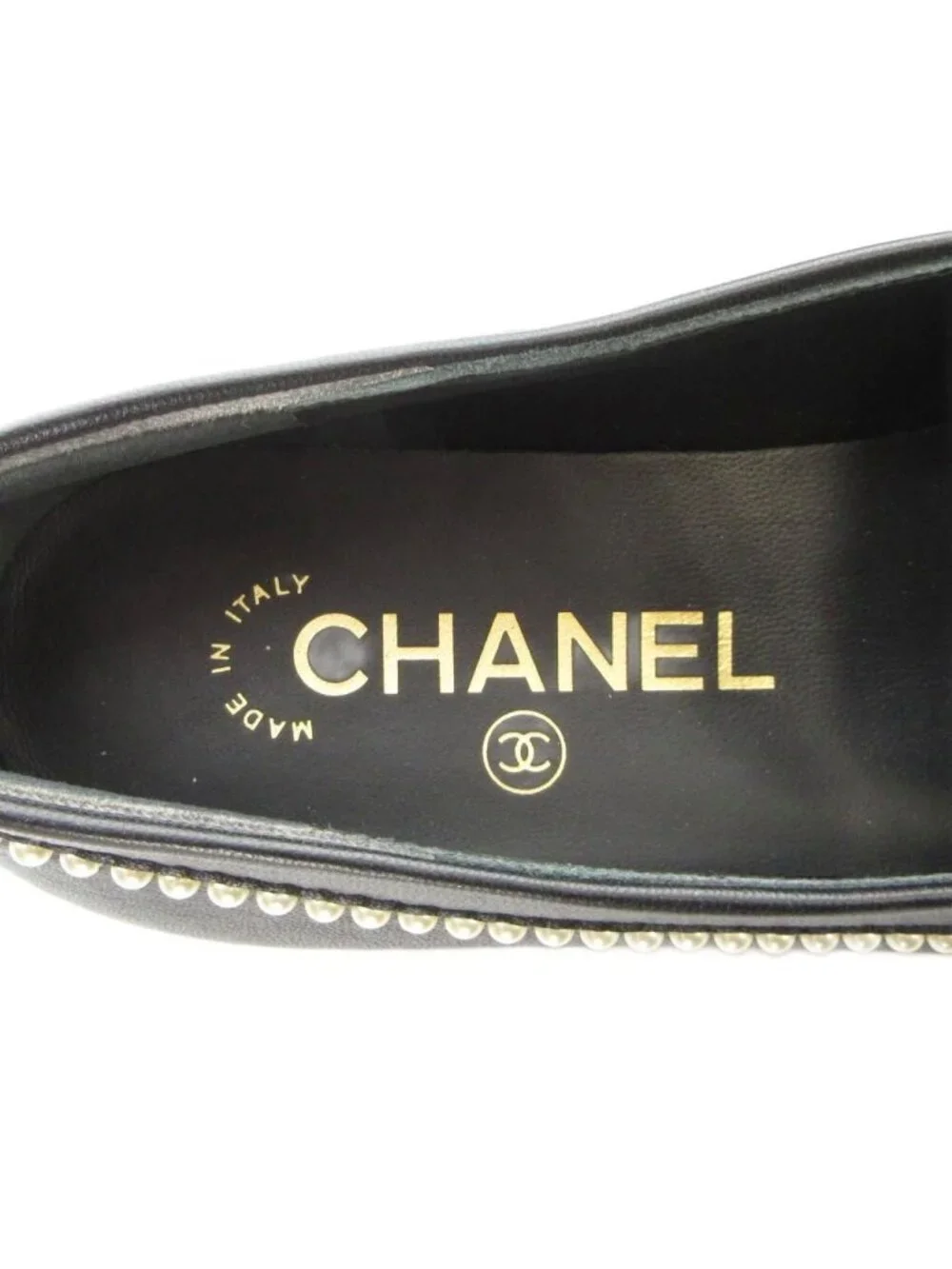 Chanel Loafers Moccasins CC Logo Faux Pearl Leather 34 Black
